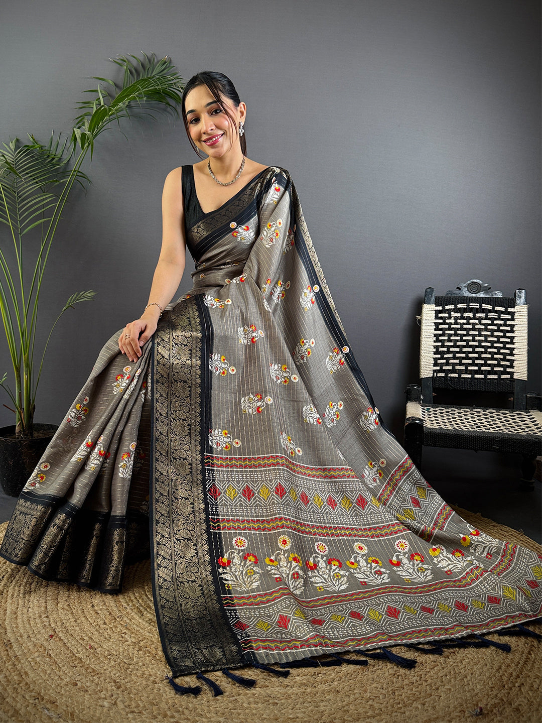 Grey Dola Silk Ajrakh Saree by My Store