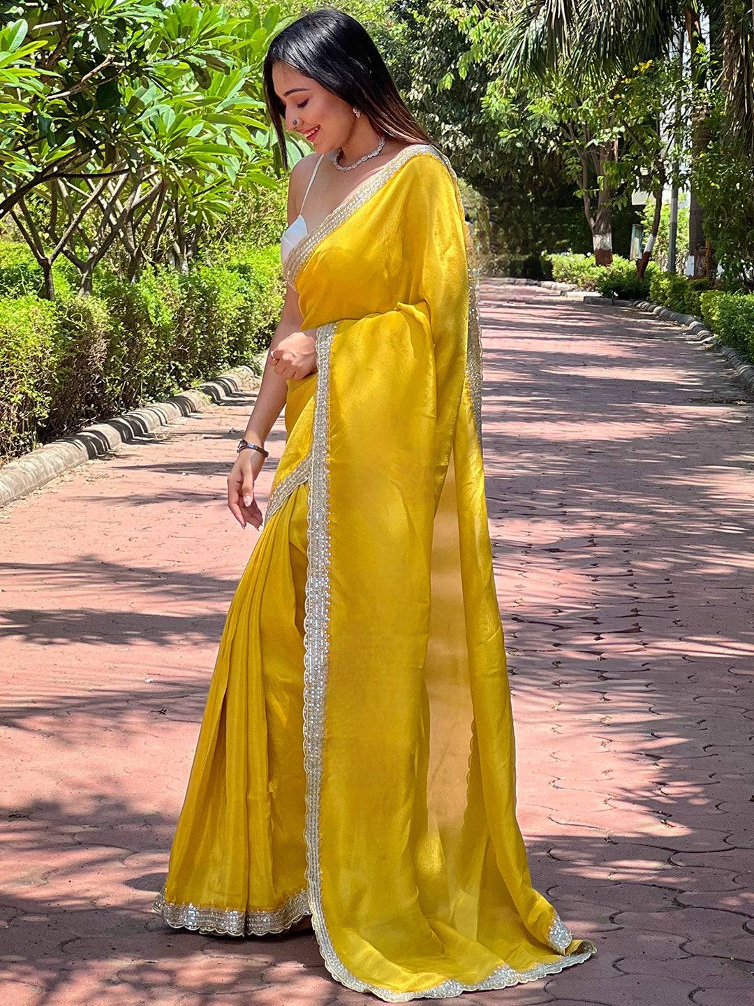 Sunset Yellow Pure Viscose Dyed Saree by My Store