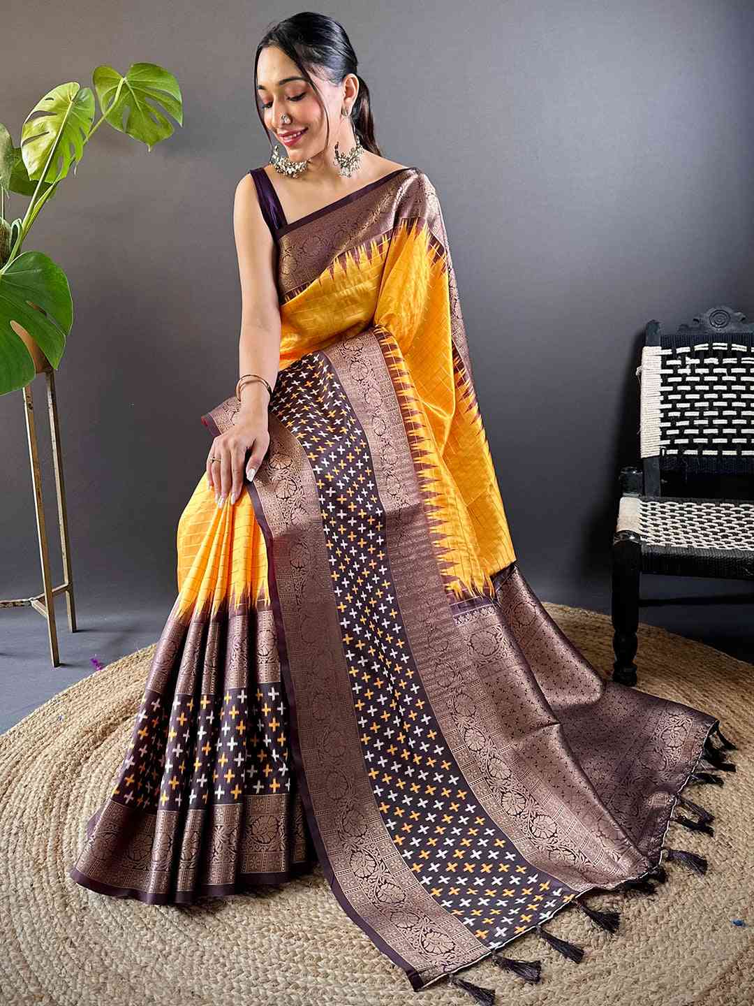 Yellow Chex Ikkat Saree With Double Border