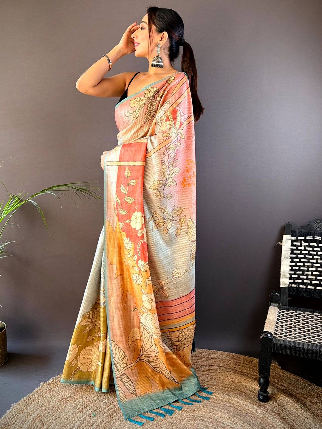 Rama Abstract Floral Zari Tussar Saree by My Store