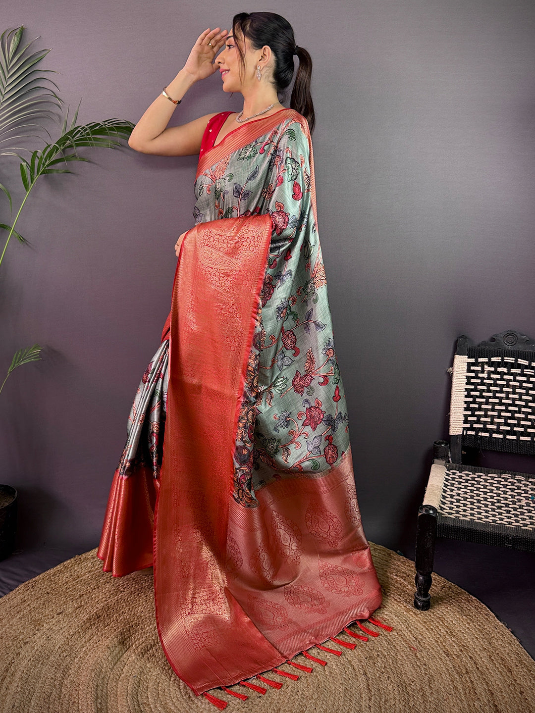 Sea Green Cherry Satin Kalamkari Saree by My Store