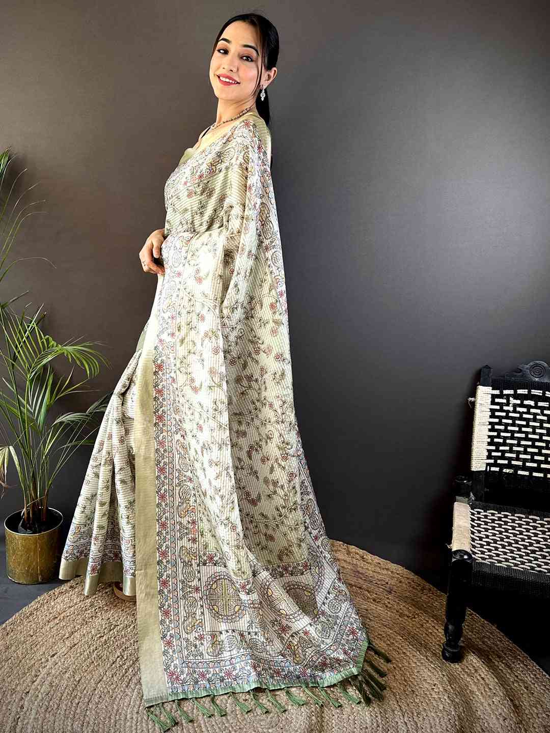 Sage Green Chanderi Madhubani Black Chex Saree by My Store