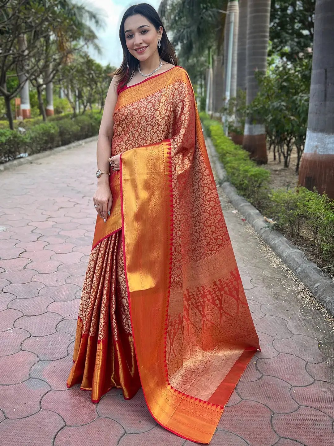 Orange Colour One Gram Gold Tissue Saree With Jacquard Woven Work by My Store