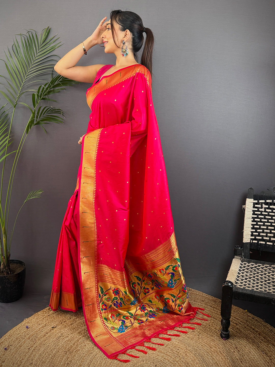 Rani Pink Yeola Paithani Soft Silk Saree by My Store