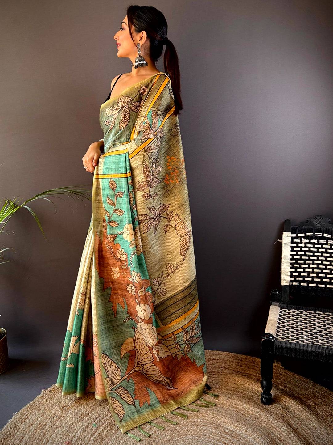 Green Abstract Floral Zari Tussar Saree by My Store