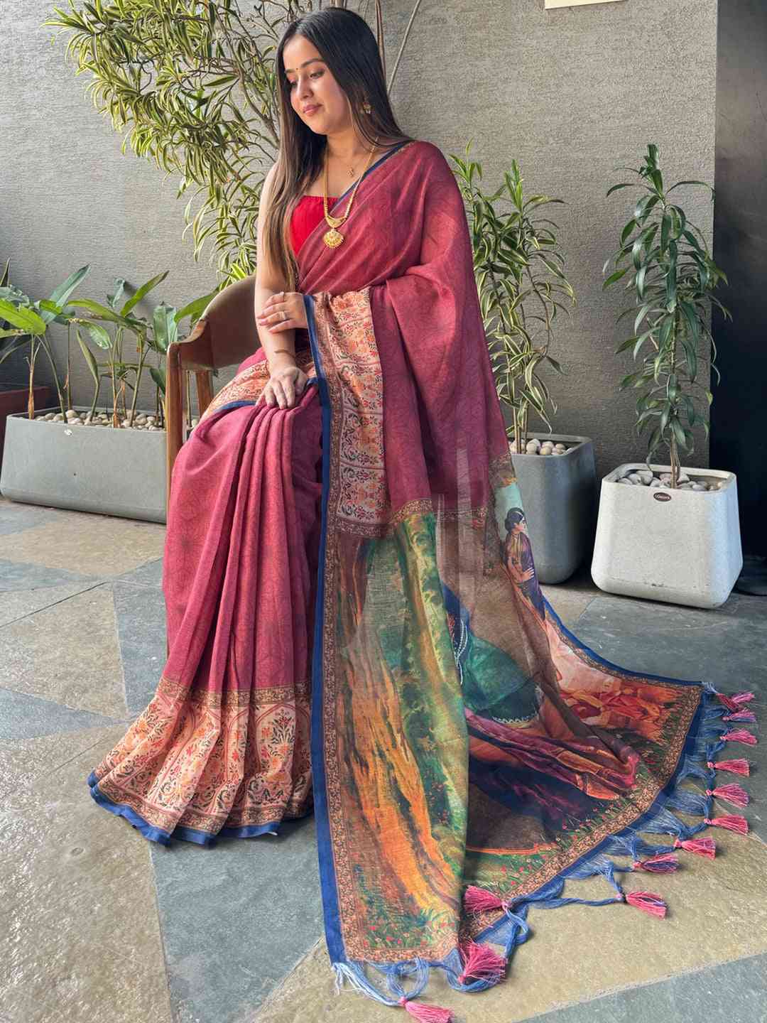 Burgundy Colour Ikkat Print Saree With kalamkari Block Print Design by My Store