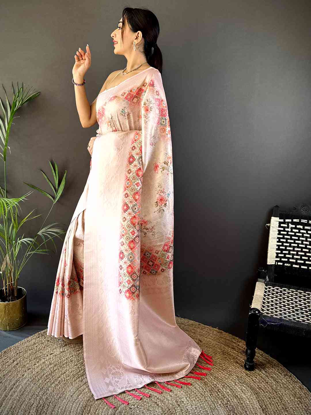 Pastel Pink Kanjivaram Digital Silk Saree by My Store