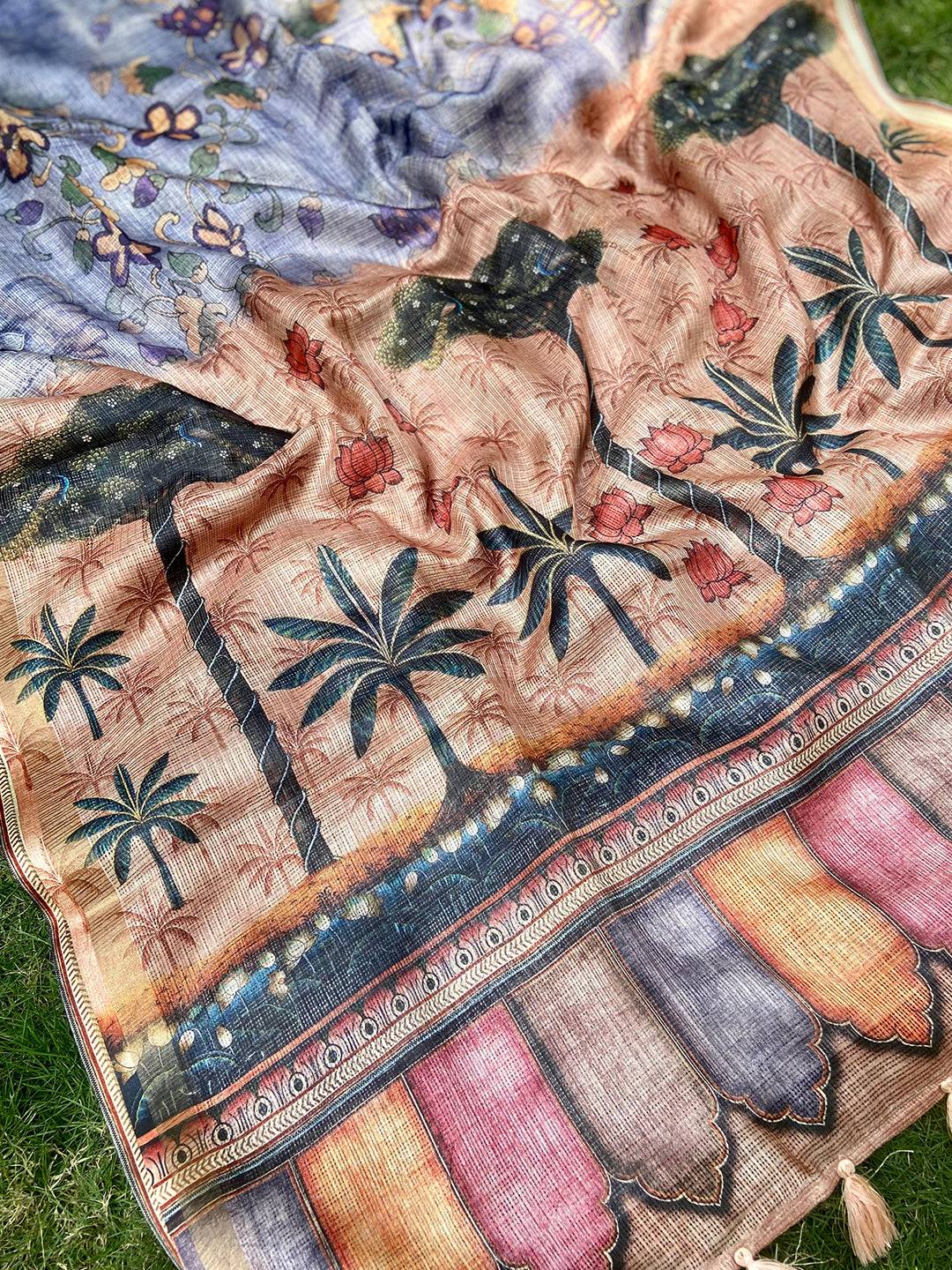 Blue Kota Doriya Silk Saree With Floral Print