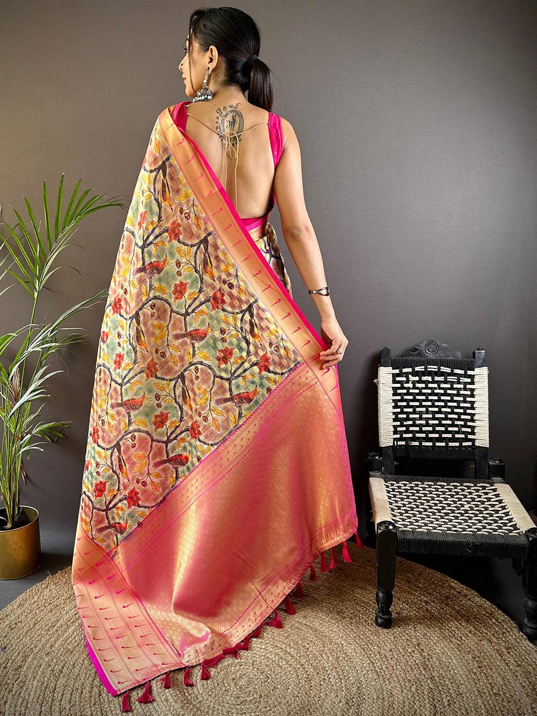 Cream Kalamkari Paithani Kora Silk Saree by My Store