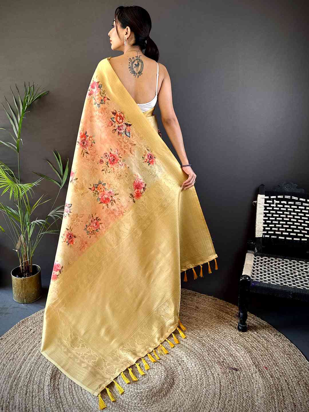 Golden Yellow Kanjivaram Digital Silk Saree by My Store