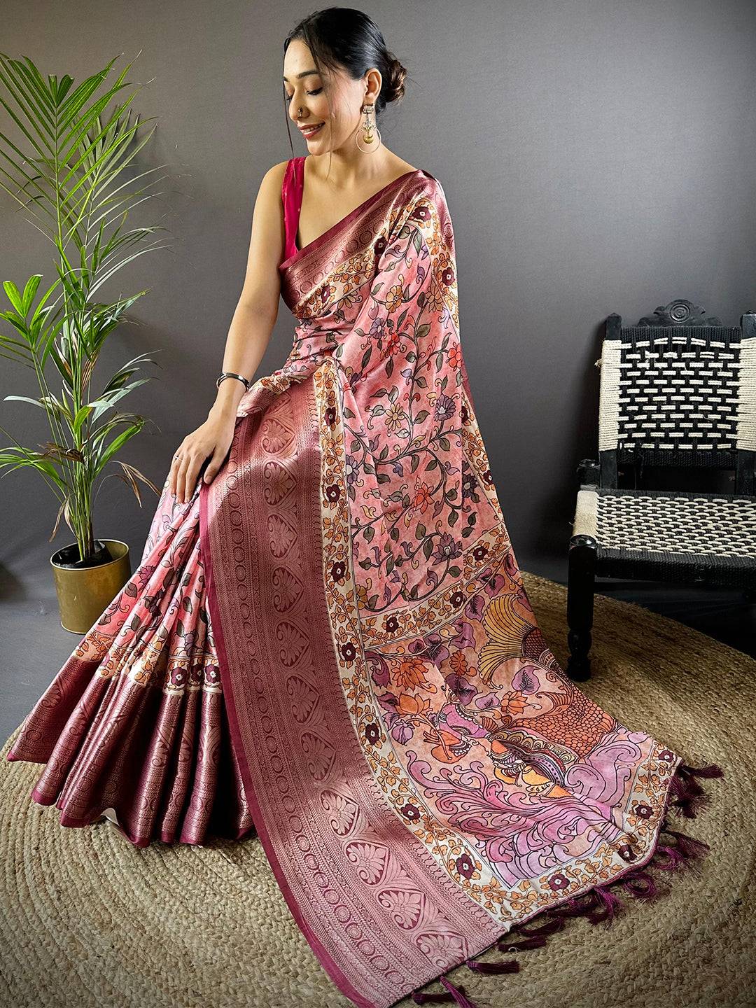 Rose Pink Floral Kalamkari Print Saree by My Store