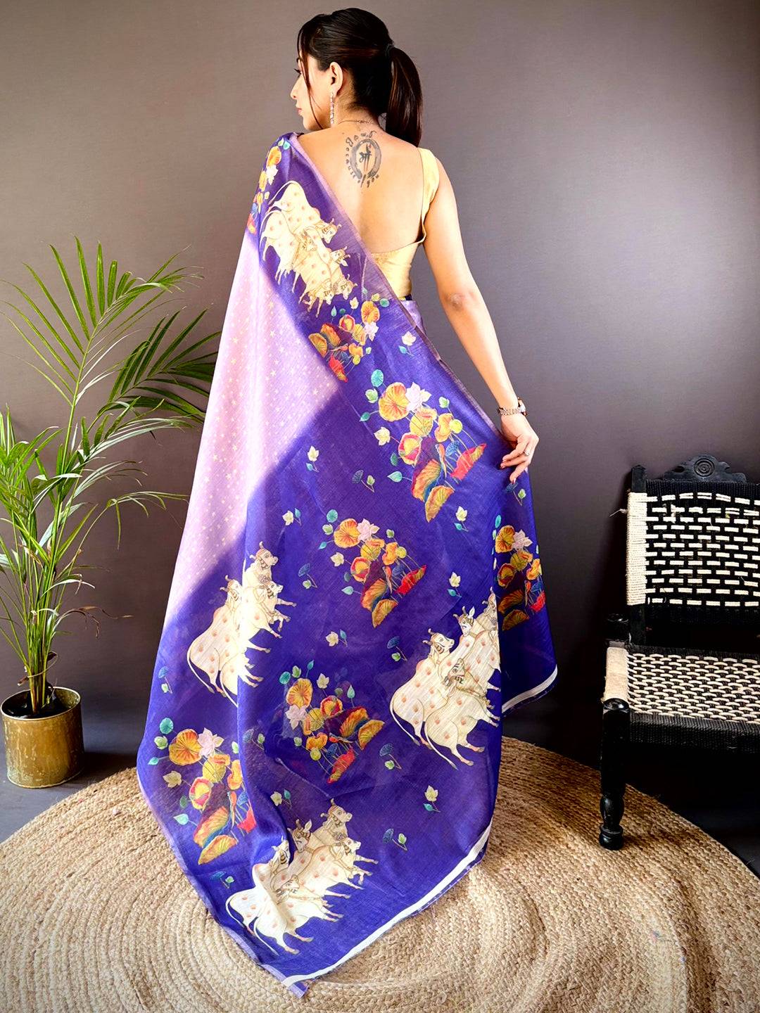 Purple Chanderi Pichwai Print Saree by My Store