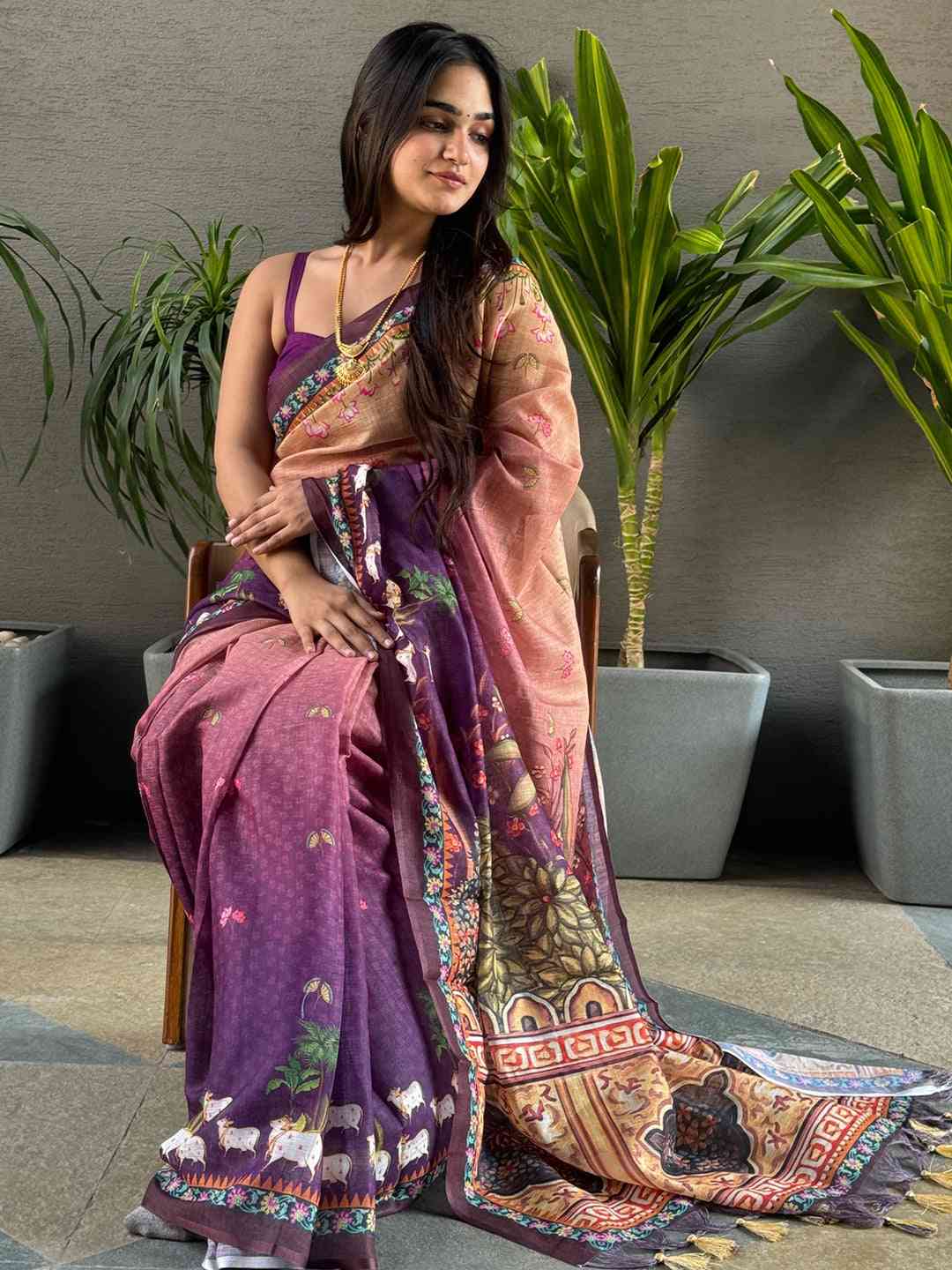 Soft Linen Ombre Pichwai Printed Purple Colour Saree by My Store