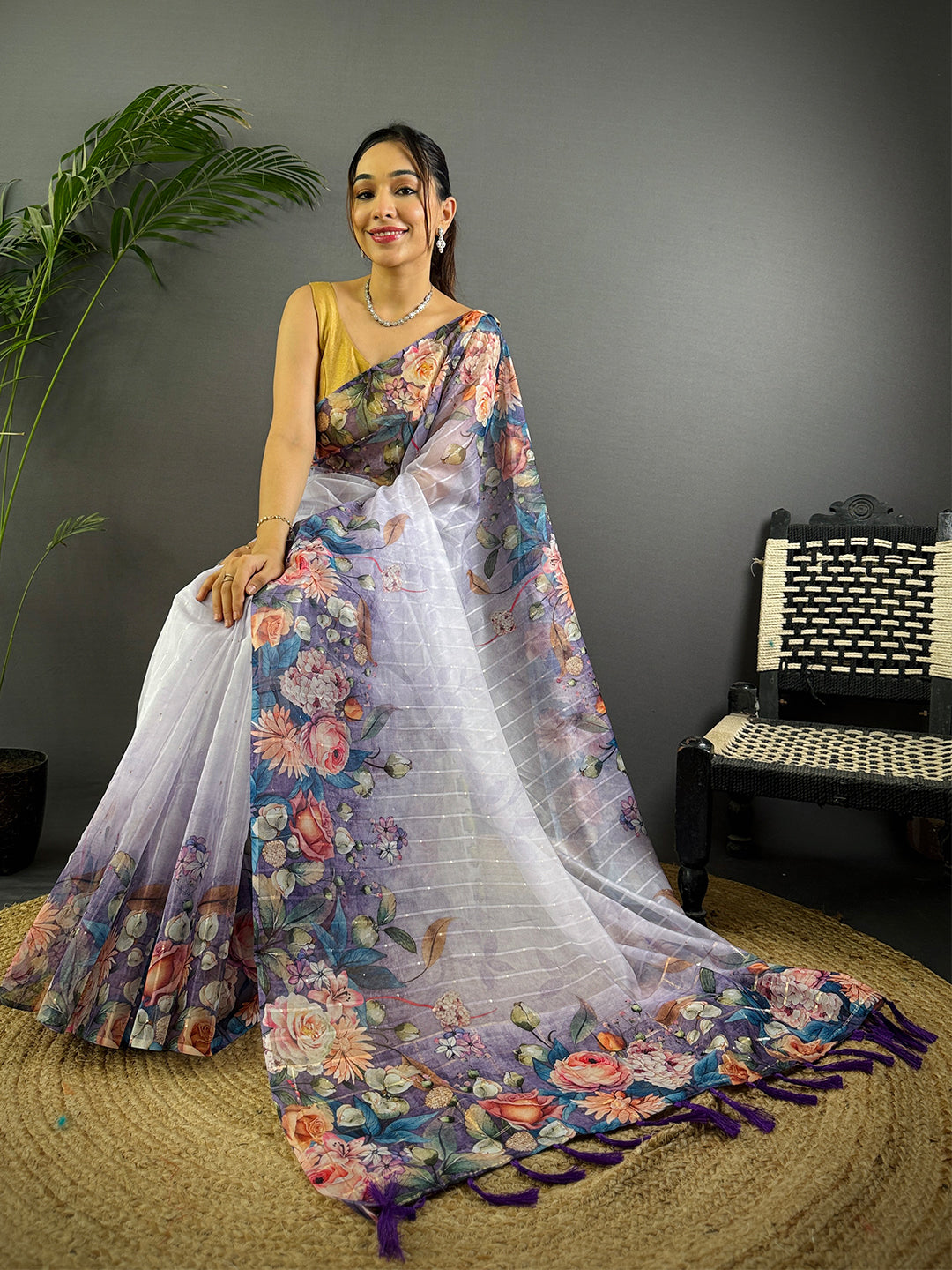 Light Purple Soft Organza Digital Floral Saree by My Store