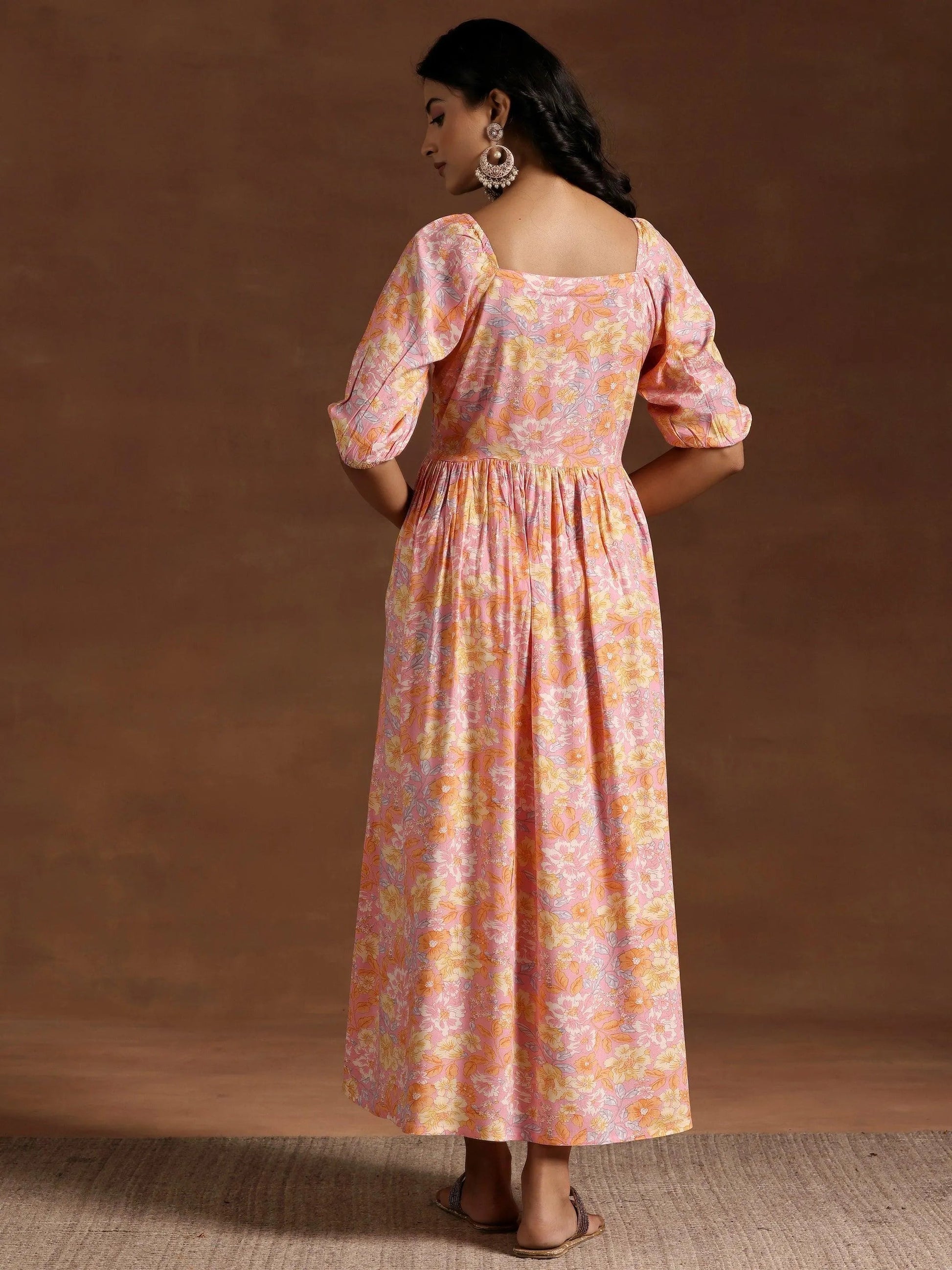 Peach Printed Rayon Fit and Flare Dress by My Store