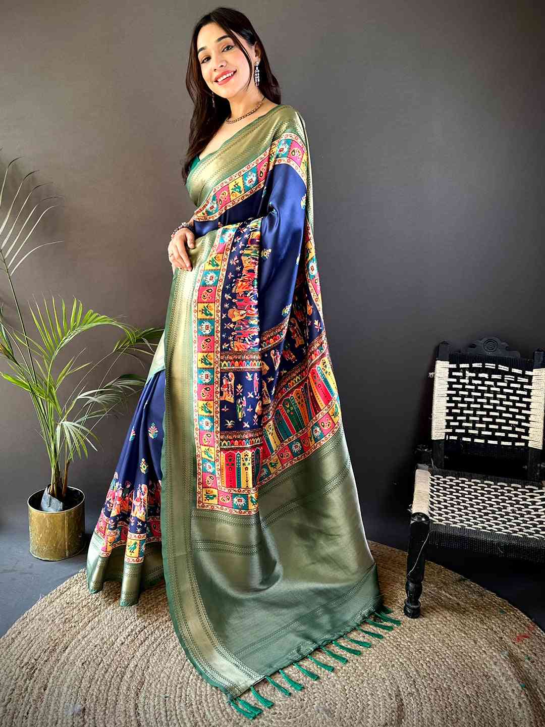 Dark Blue Mughal Kalamkari Print Pashmina Saree by My Store
