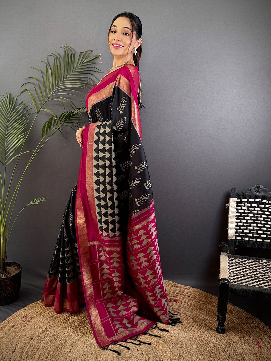 Radiant Black Soft Silk Ikkat Saree by My Store