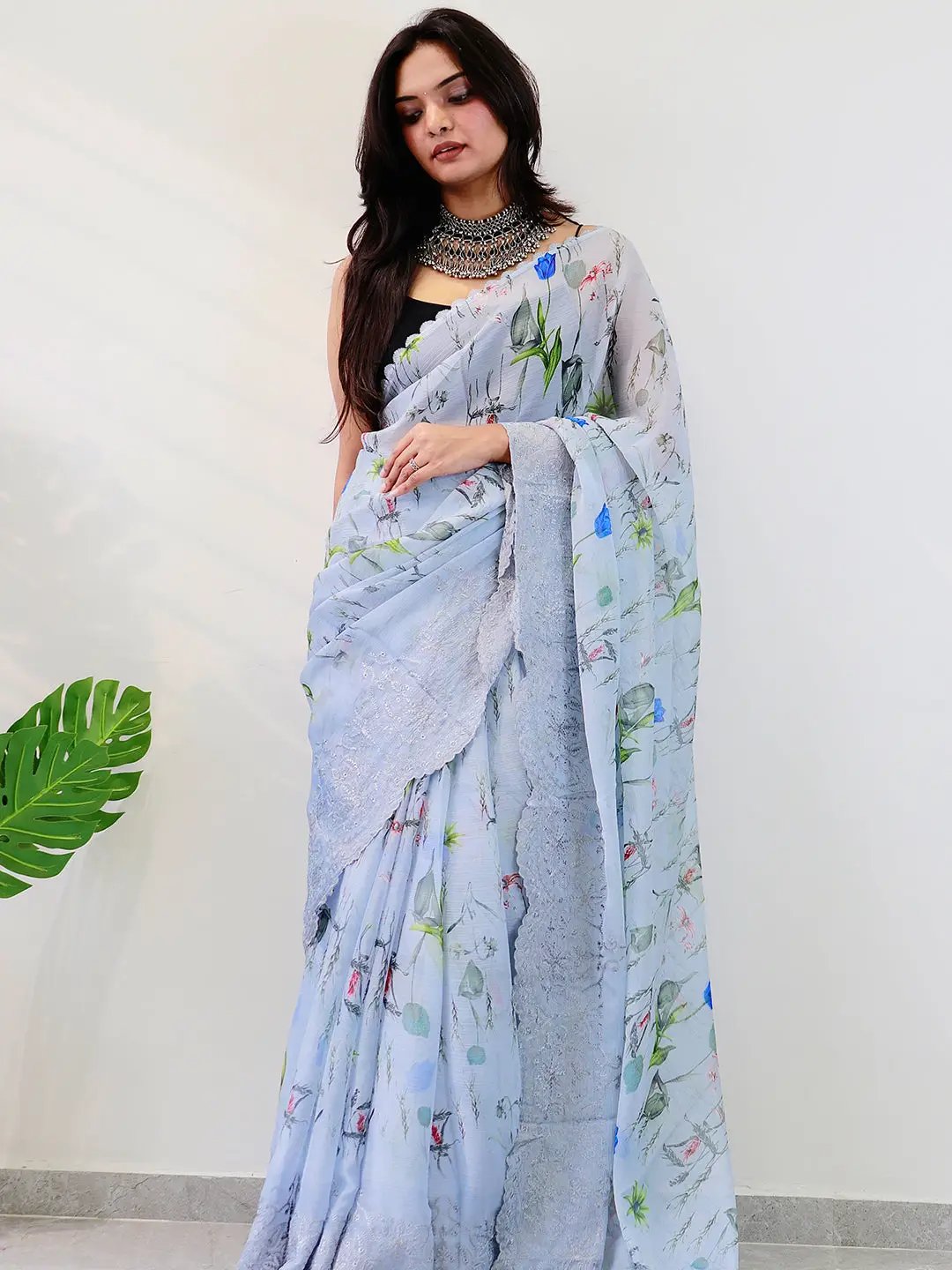 Soft Chiffon Satin Saree with Cut Work Embroidered Boder by My Store