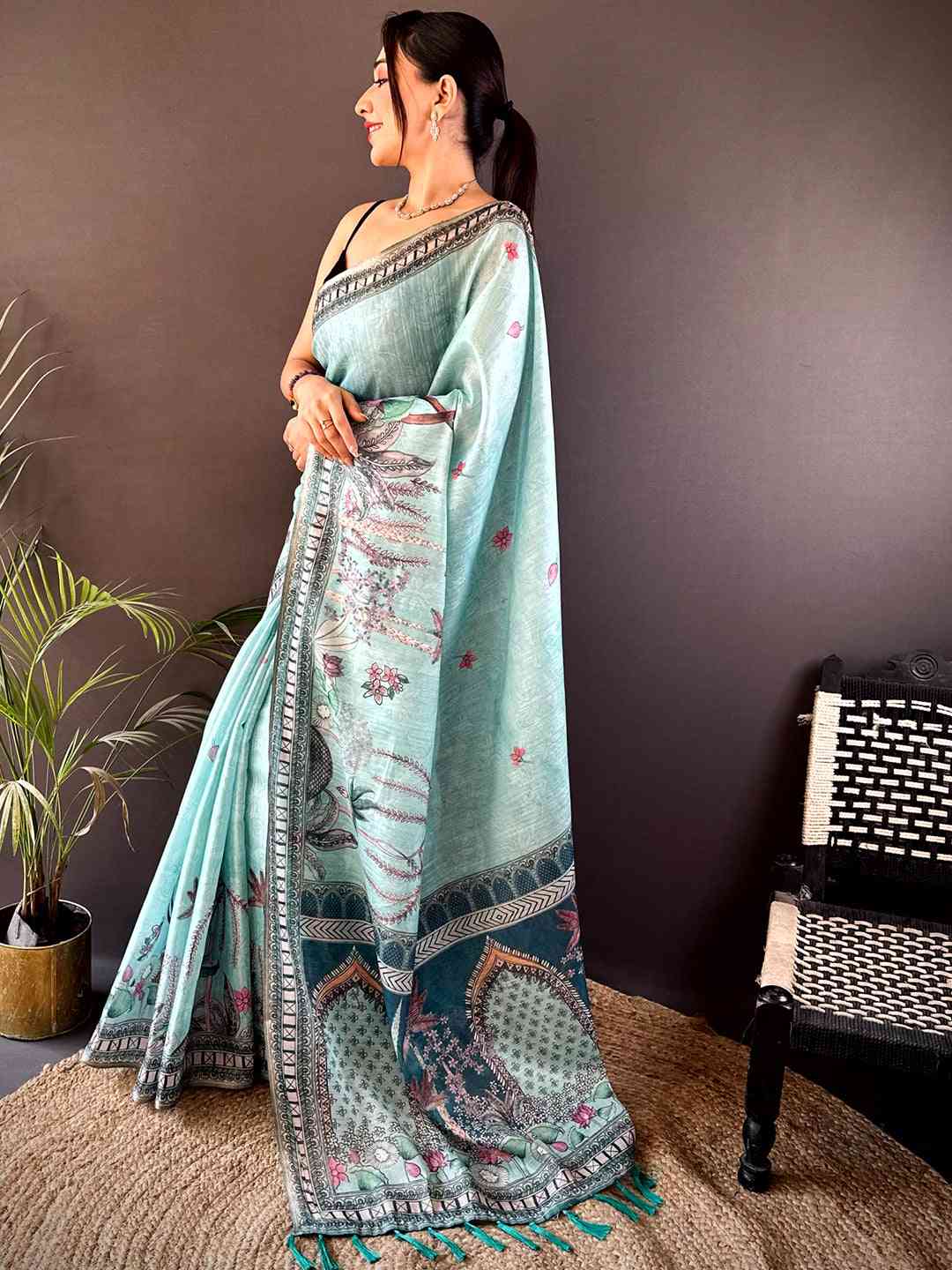 Sky Blue Tissue Floral Leaf Print Saree by My Store