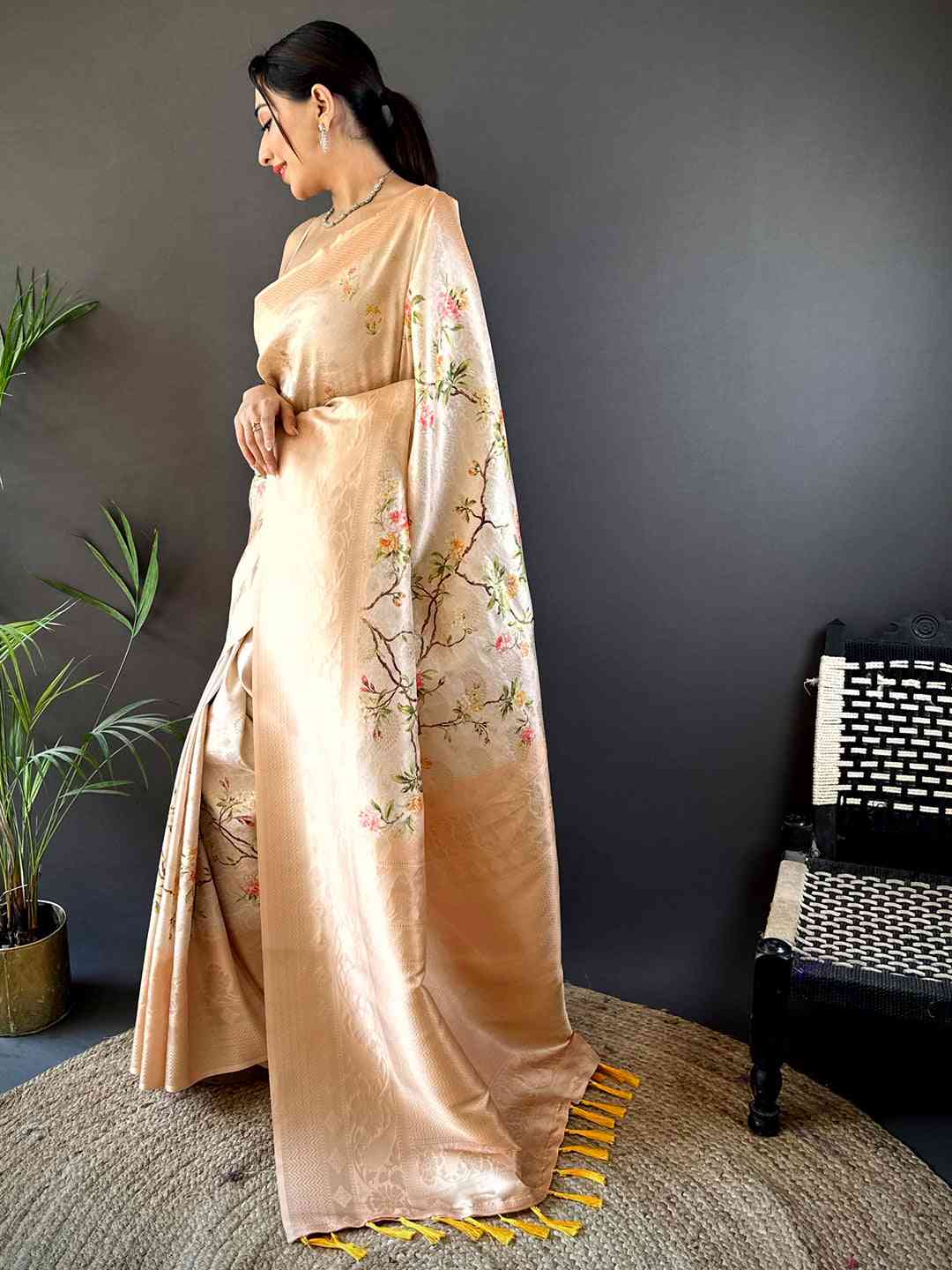 Light Peach Kanjivaram Digital Silk Saree by My Store