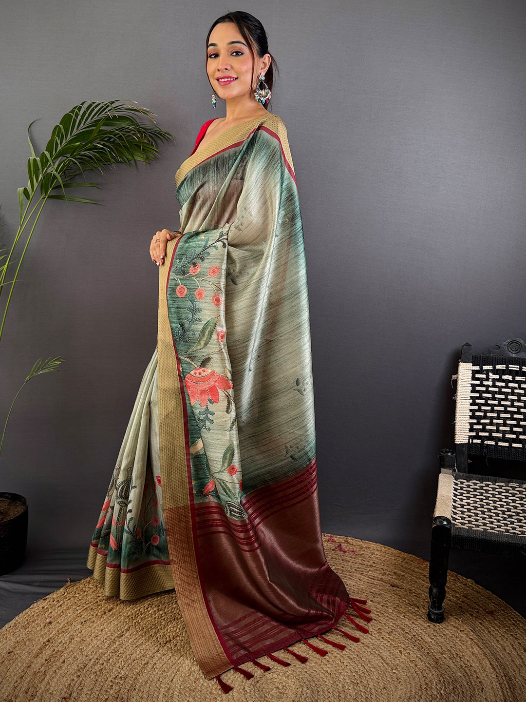 Rama Tussar Silk Digital Print Saree by My Store