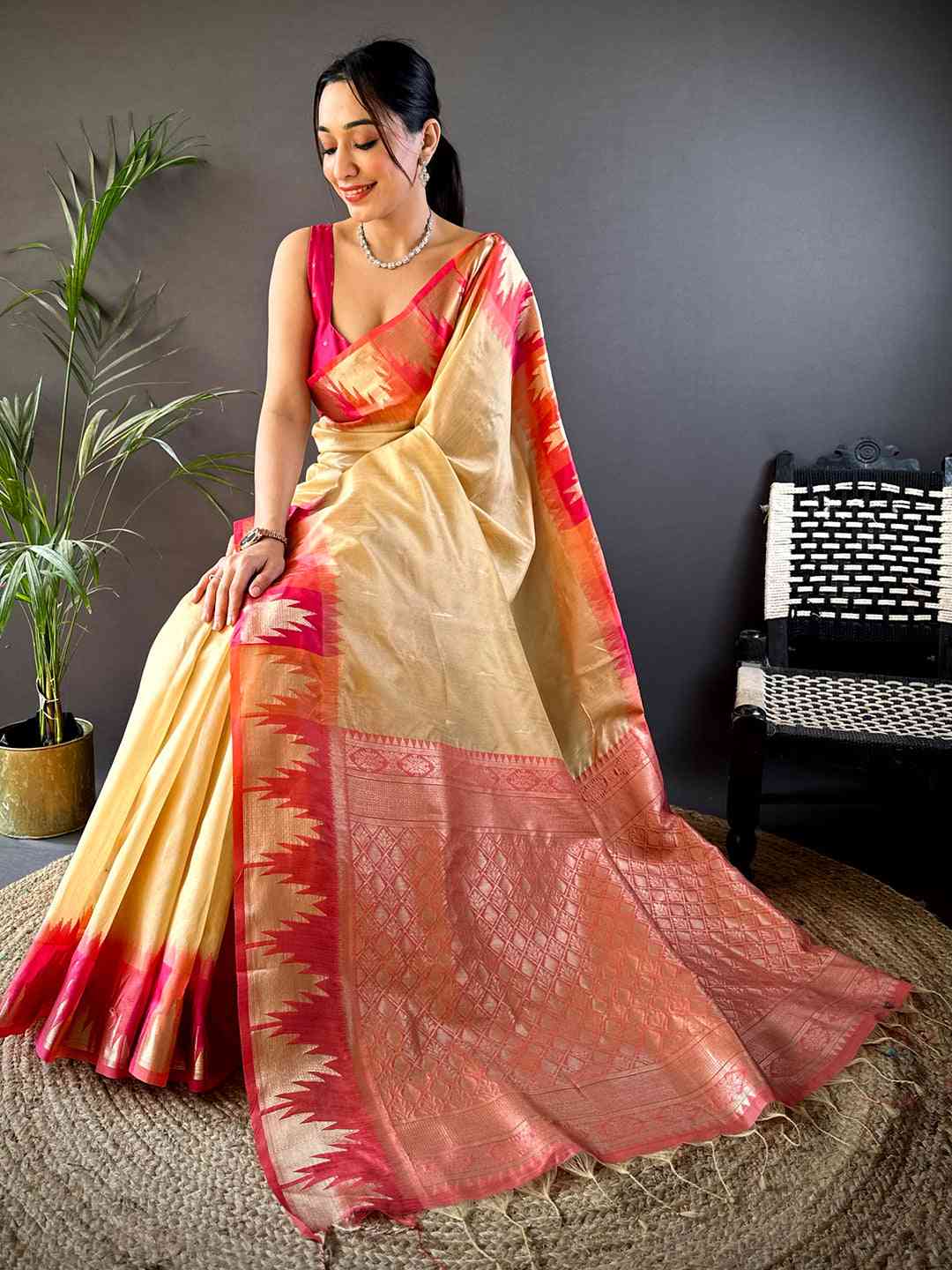 Cream Banarasi Raw Silk Ikkat Saree by My Store