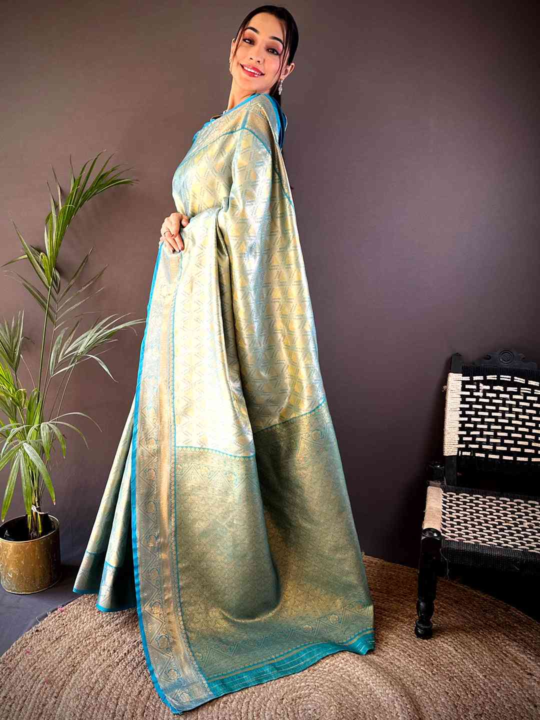 Rama Golden Geometrics With Floral Elegance Saree by My Store