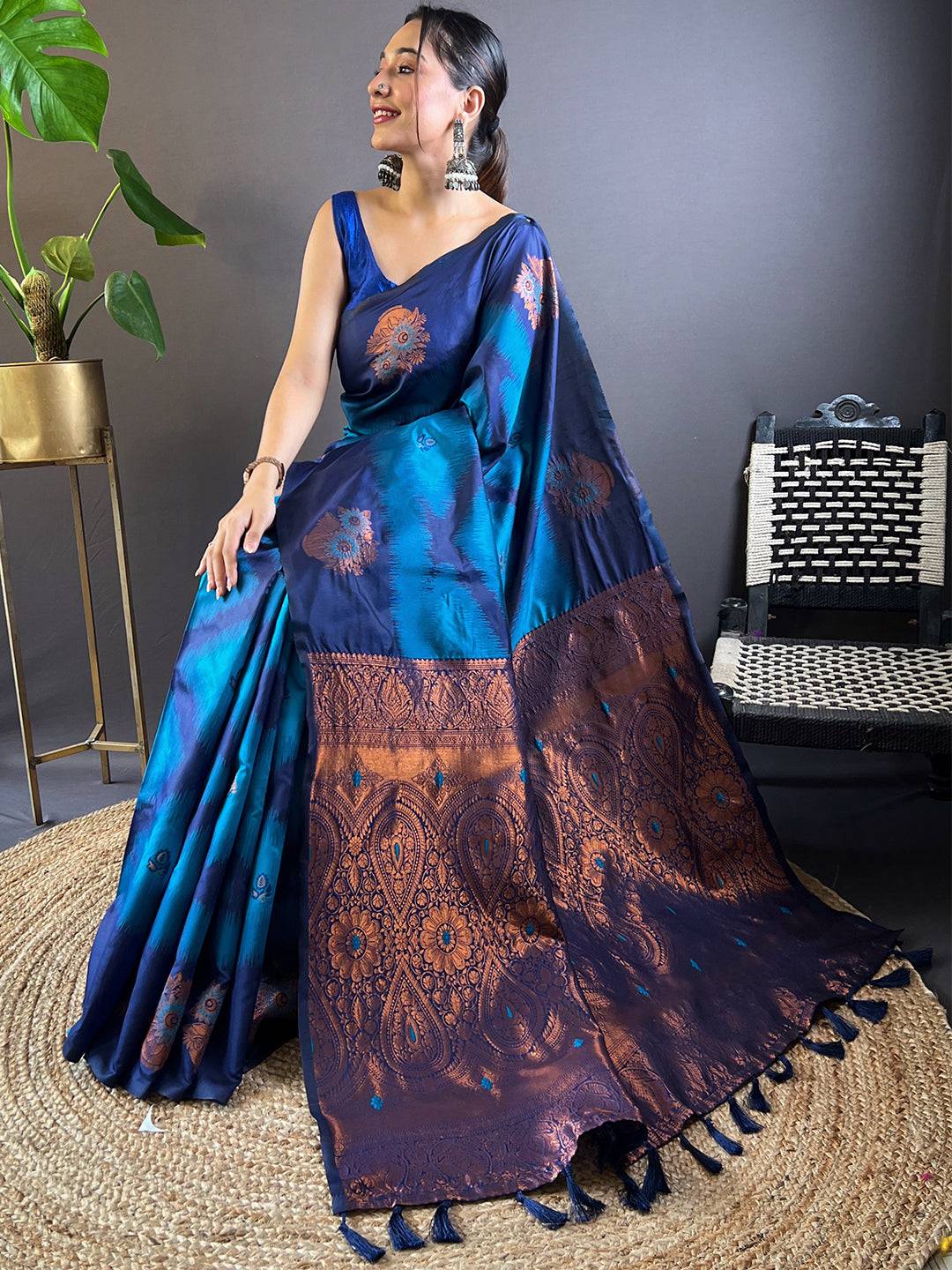 Dark Blue Tussar Silk Ikkat Weaving Saree by My Store