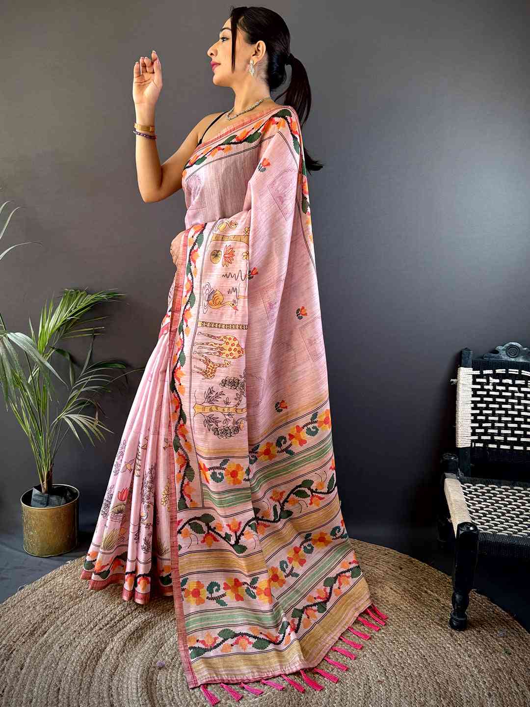 Blush Pink Jungle Floral Zari Tissue Saree by My Store