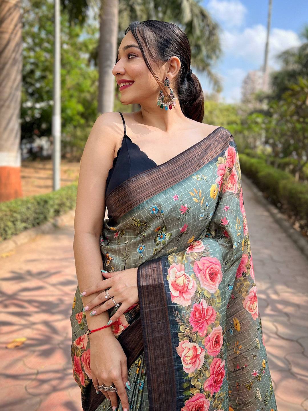Teal Soft Silk Copper Zari Weaving Digital Floral Saree