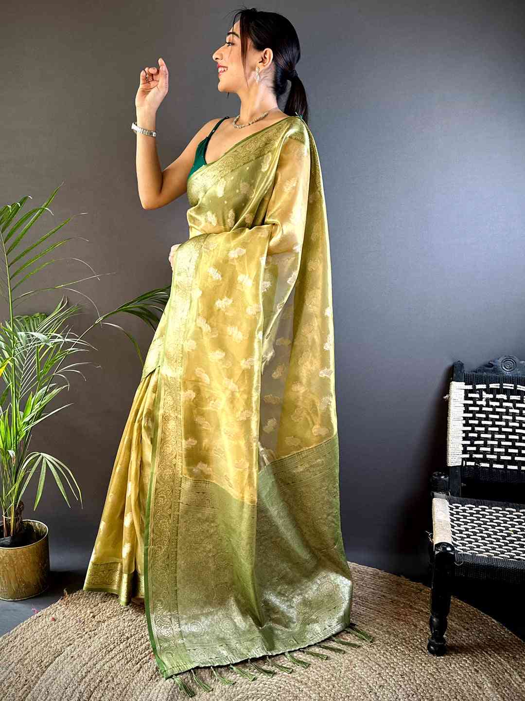 Graceful Olive Kora Tissue Saree by My Store