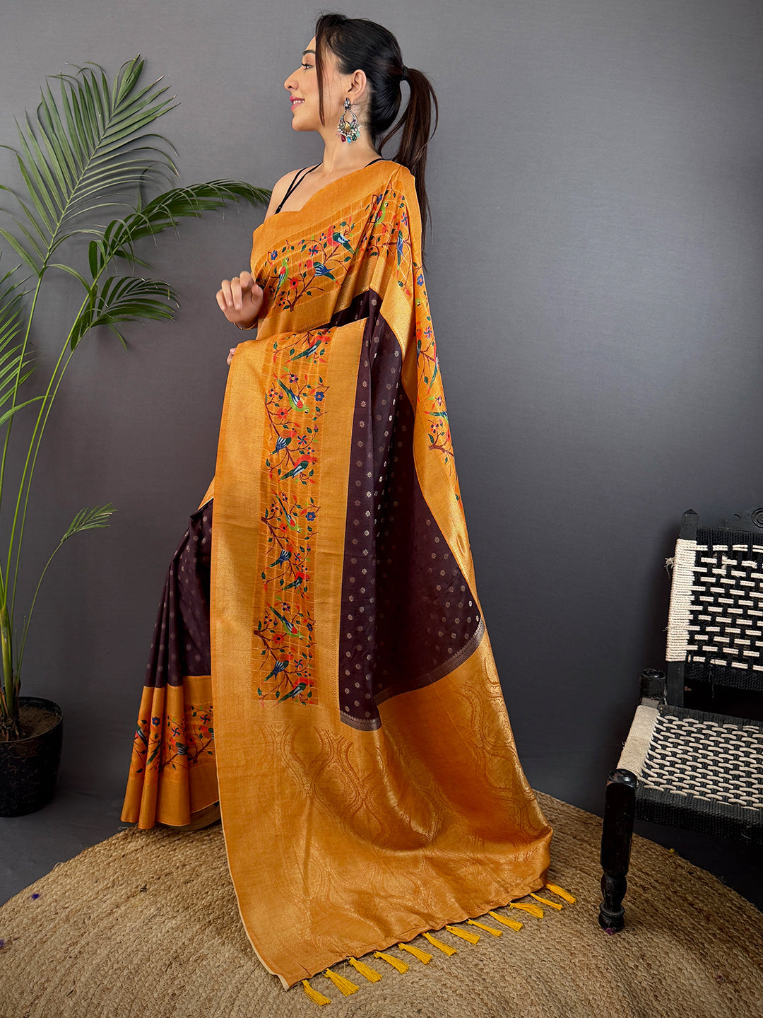 Brown Gadwal Silk Double Chex Saree by My Store