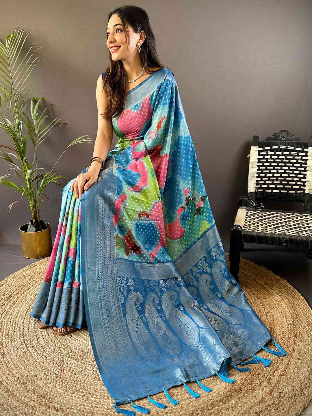 Dark Blue Banarasi Ombre Print Saree by My Store