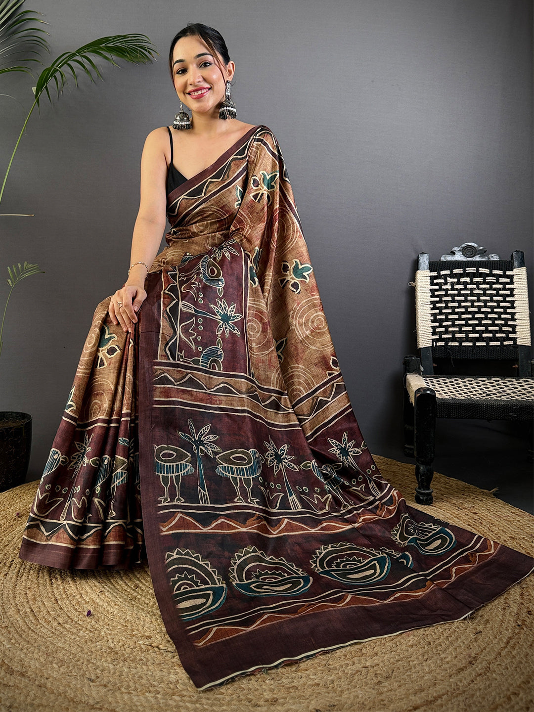 Brown Soft Dola Silk Printed Saree by My Store