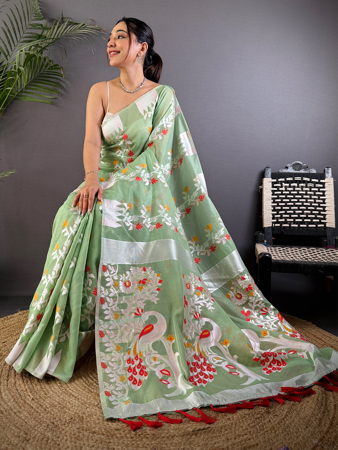 Pastel Green Dhakai Cotton Silk Saree by My Store