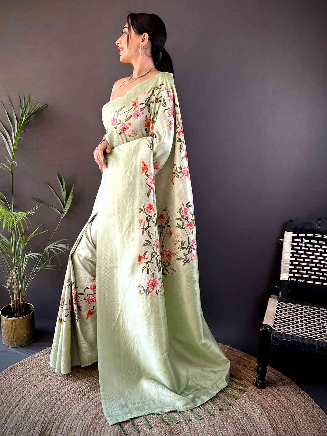 Pastel Green Kanjivaram Digital Silk Saree by My Store