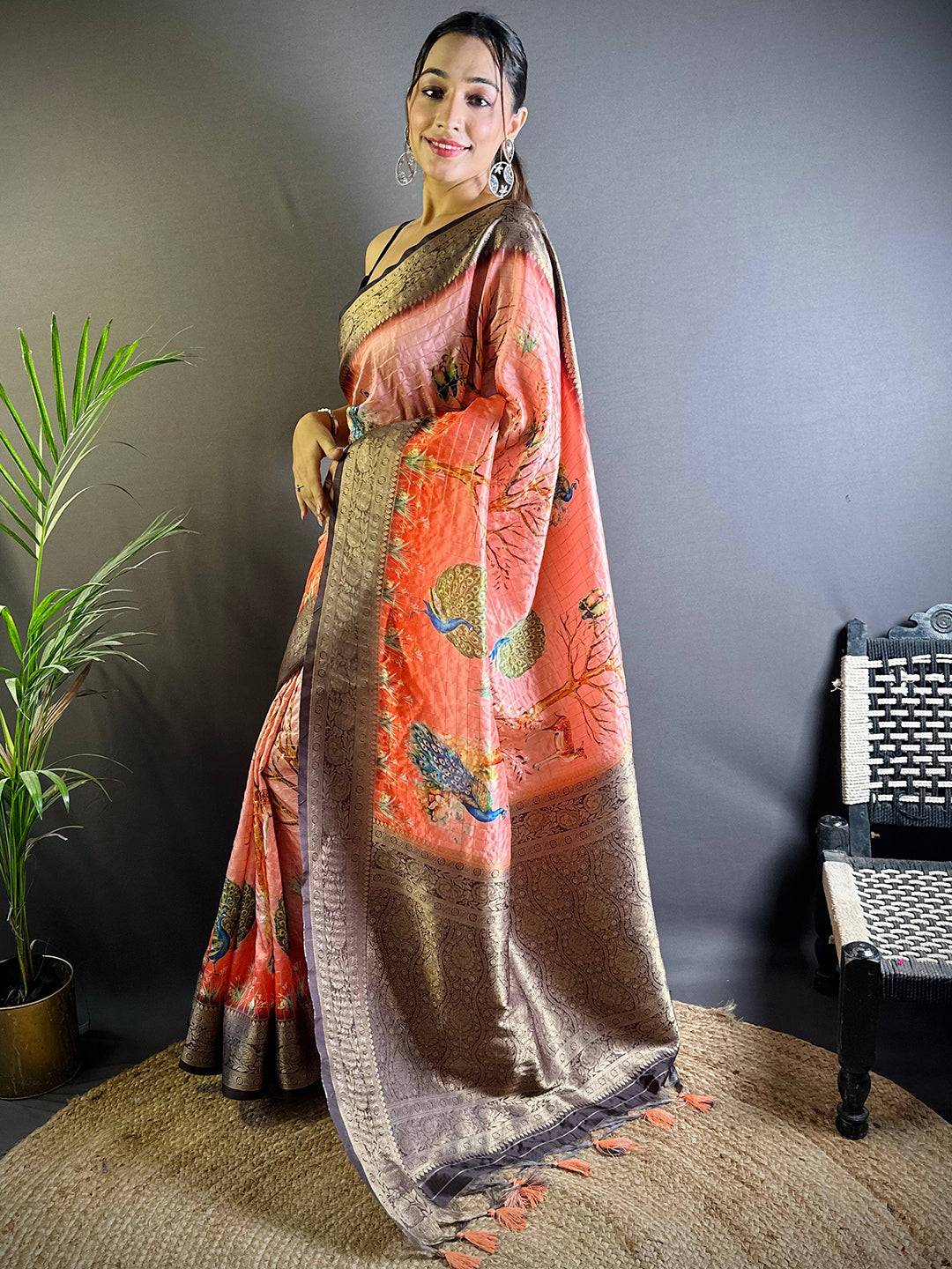 Peach Chex Radiance Banarasi Silk Saree by My Store