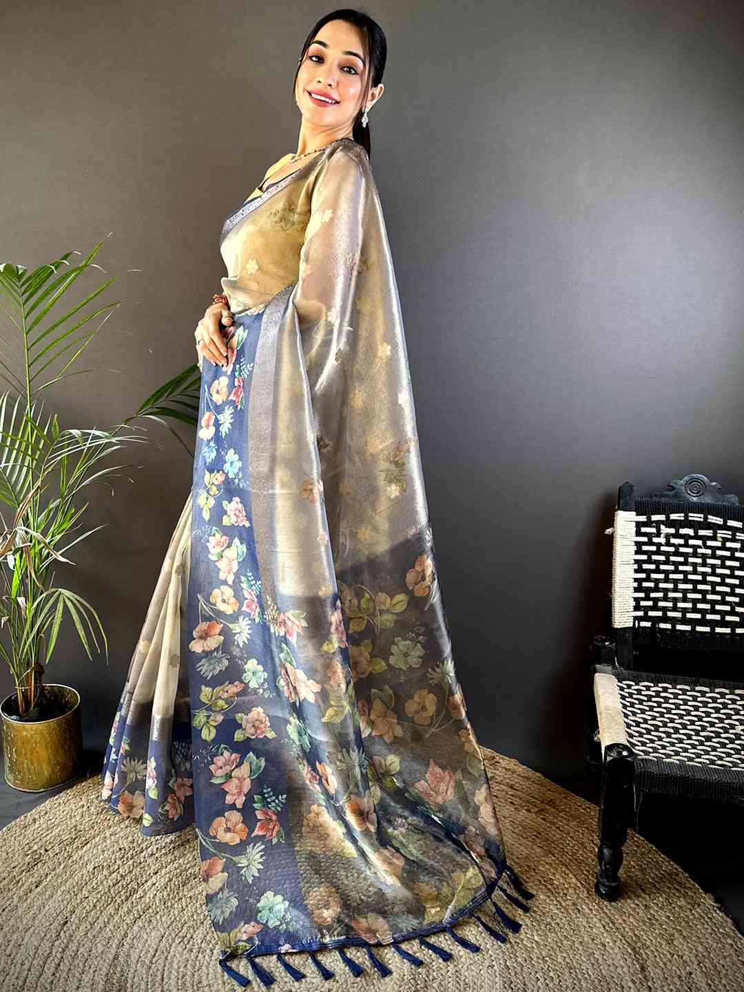 Blue Tissue Digital Floral Saree by My Store