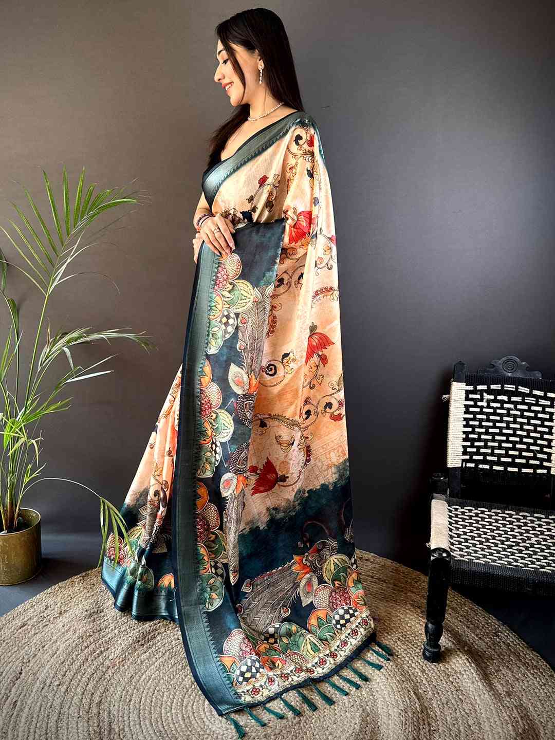 Peach Kota Doriya Zari Weave Digital Print Saree by My Store