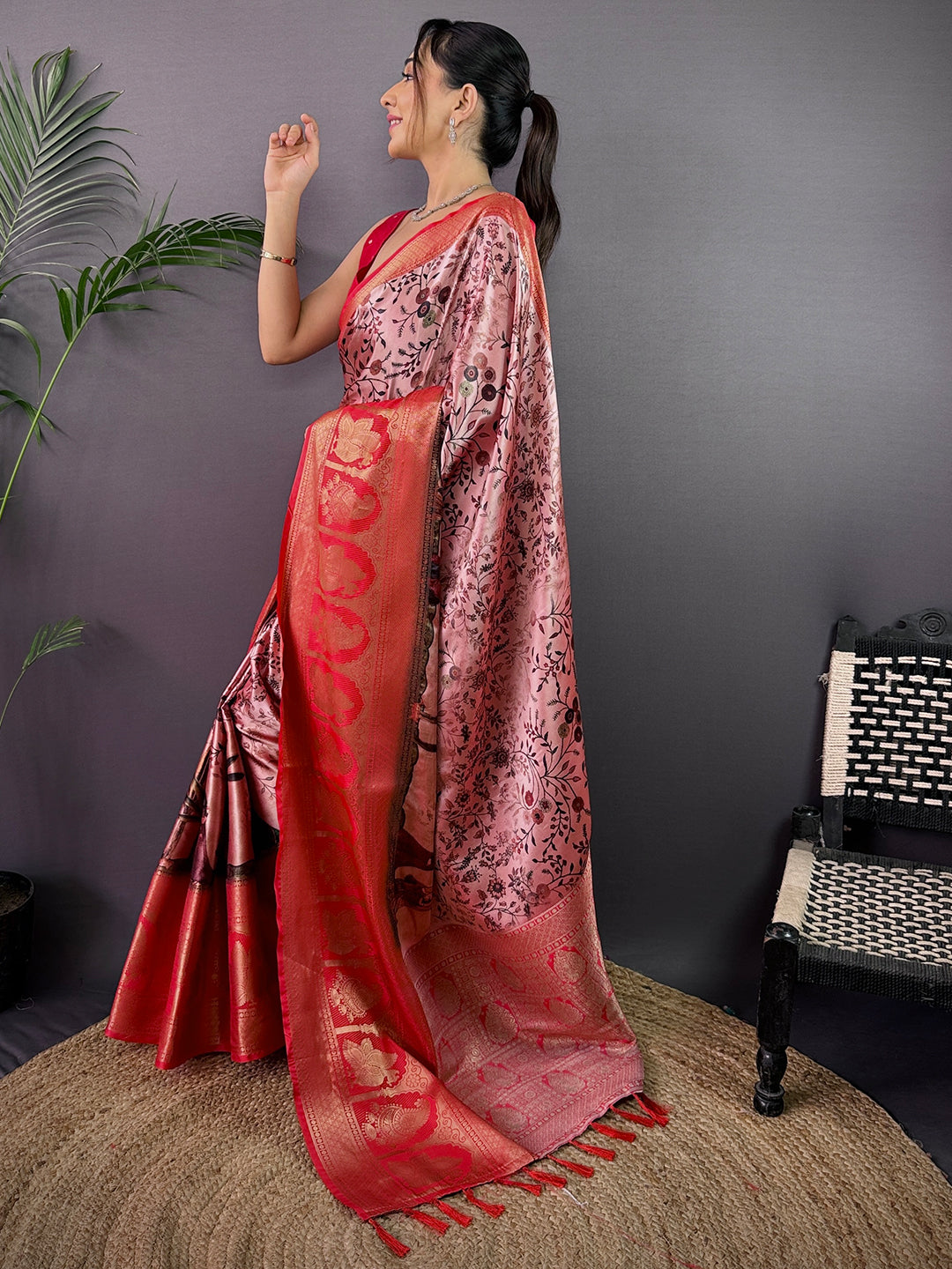 Radiant Soft Cherry Satin Kalamkari Print Saree by My Store