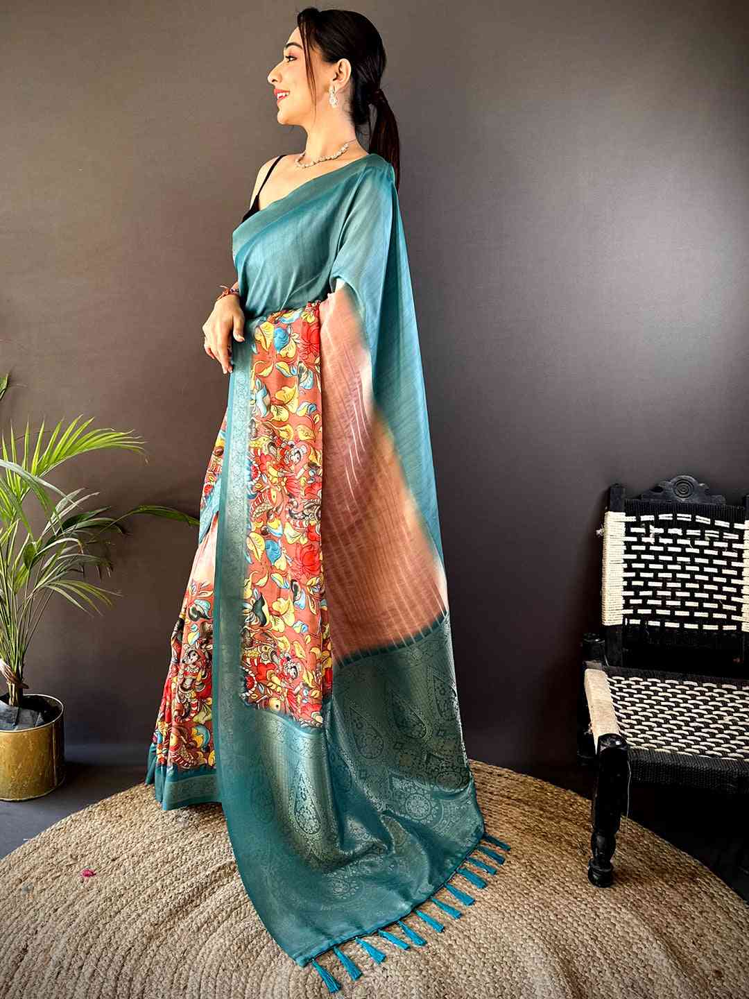 Deep Teal Kalamkari Ombre Soft Silk Saree by My Store