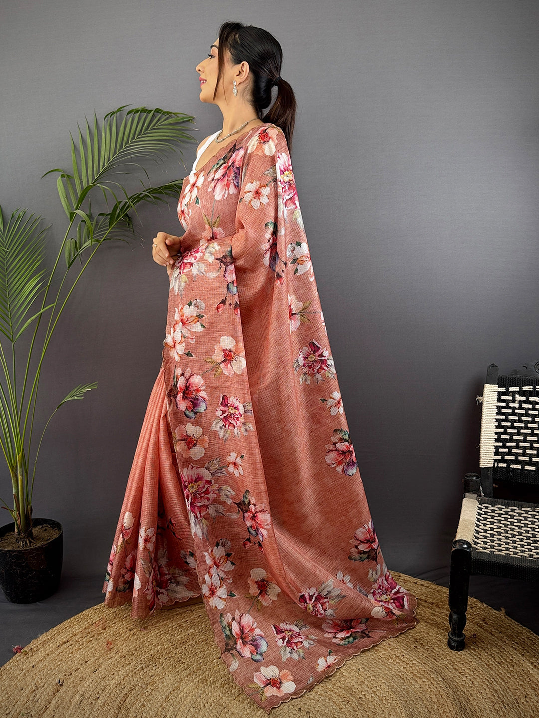 Peach Kota Doriya Floral Cut Work Saree by My Store