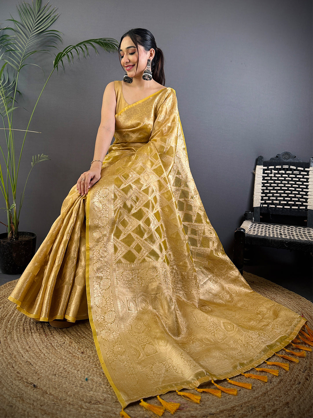 Yellow Tissue Jarokha Zari Weaving Saree