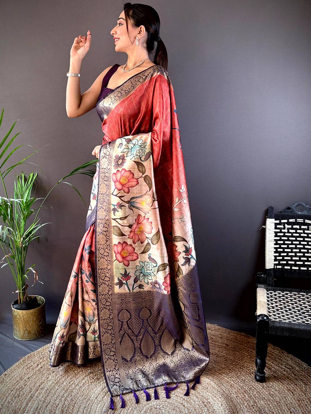 Red Ombre Floral Digital Print Saree by My Store