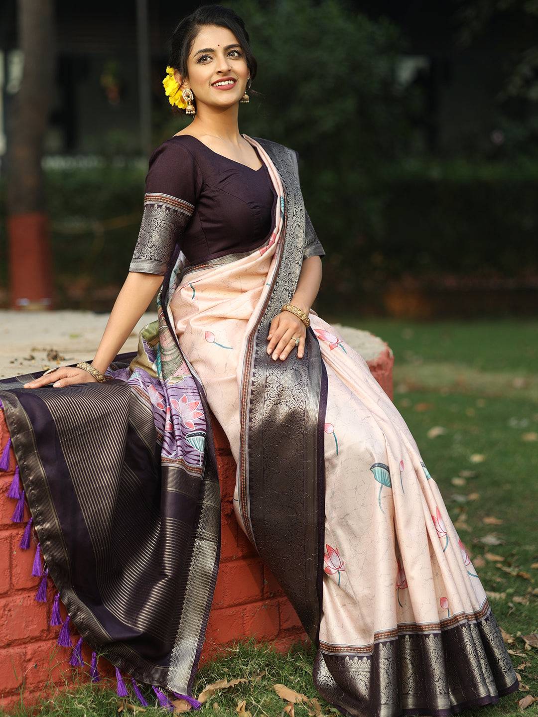 Peach Colour Batik Pen kalamkari Saree With Zari Weaving Pallu - Luxe by My Store