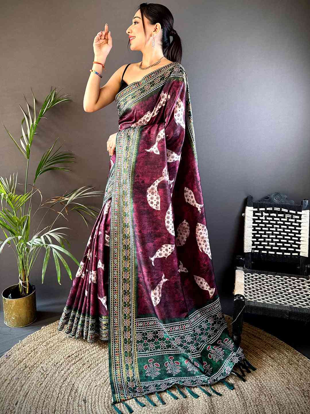 Dark Wine Soft Silk Fish Kalamkari Saree by My Store