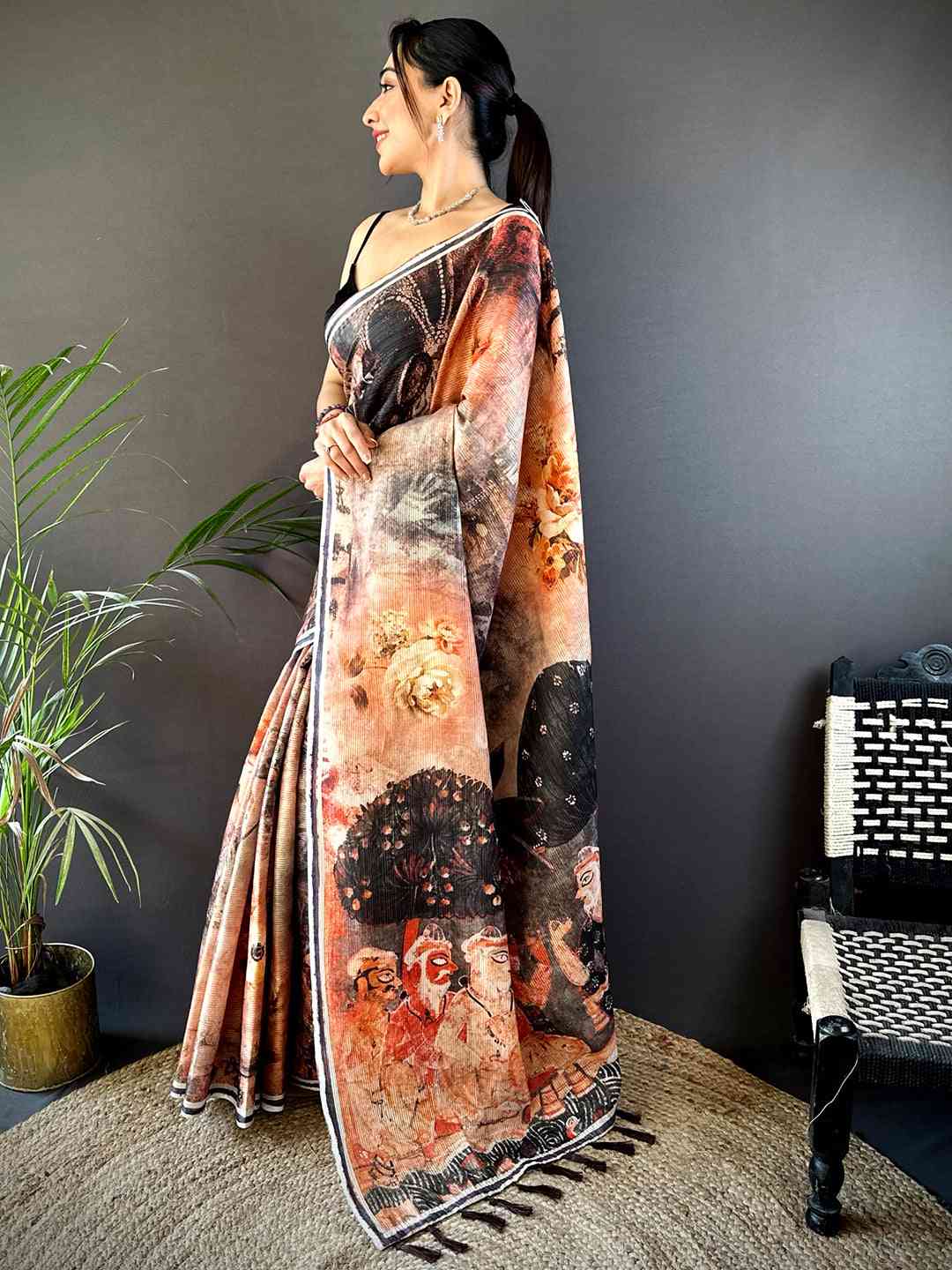 Peach Gold Zari Tussar Batik Print Saree by My Store