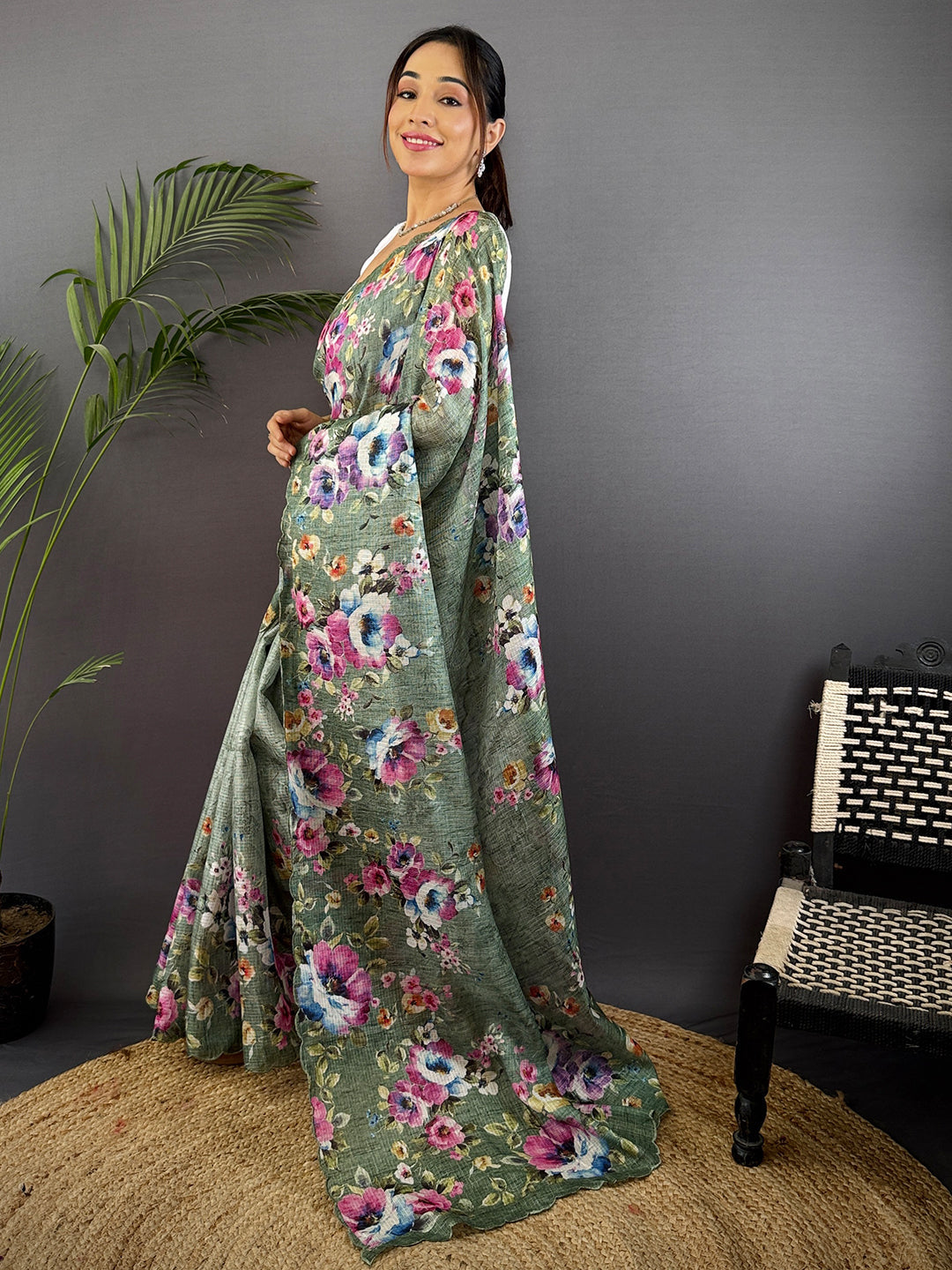 Sage Green Kota Doriya Floral Cut Work Saree by My Store