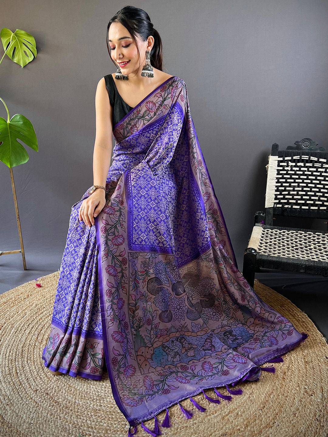 Persian Blue Patola And Kalamkari Fusion Saree by My Store