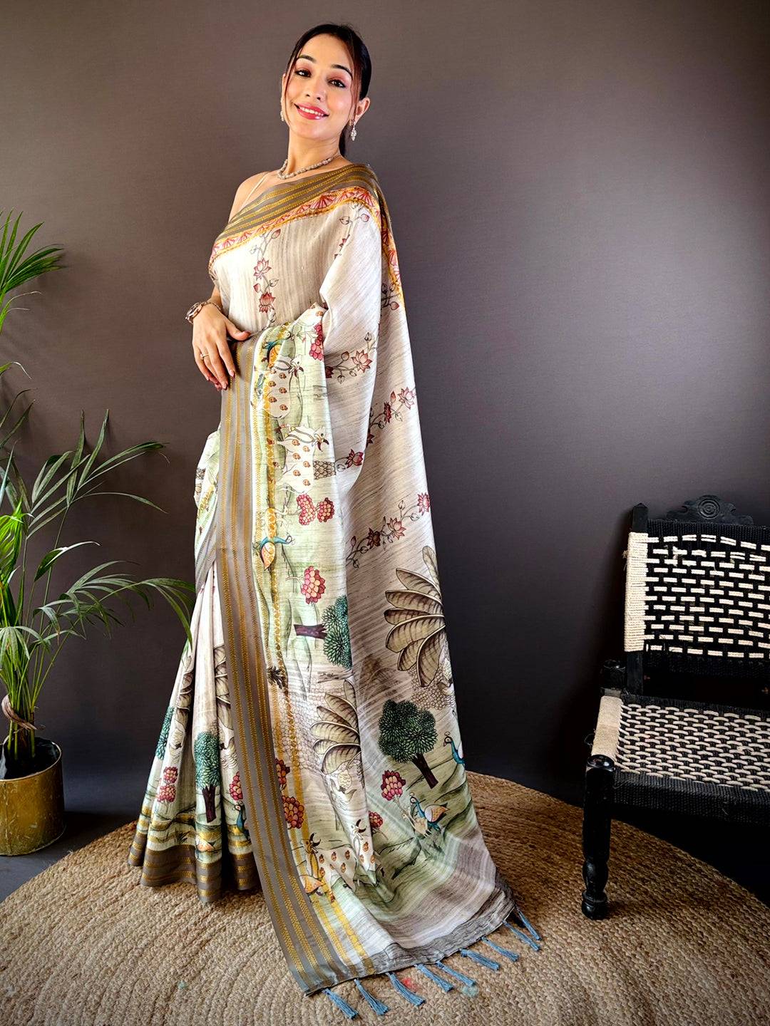Elegant Soft Silk White Pichwai Prints Saree by My Store